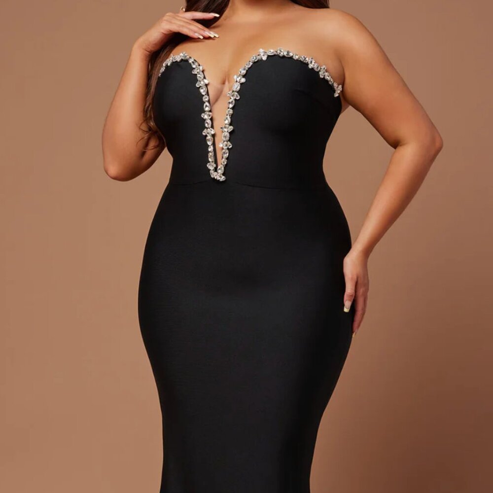 BRAND NEW Embellished Black Gown with Plunge Neckline